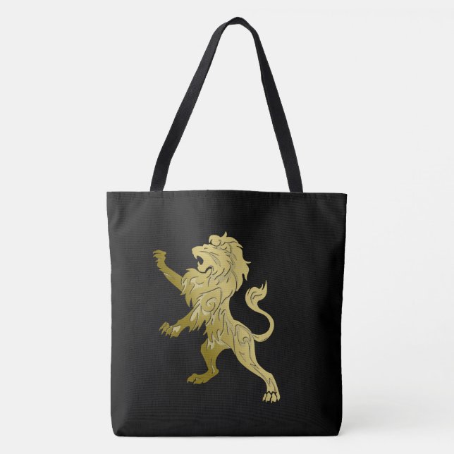 Bolsa Tote Leão Real Dourado sobre Preto (Frente)