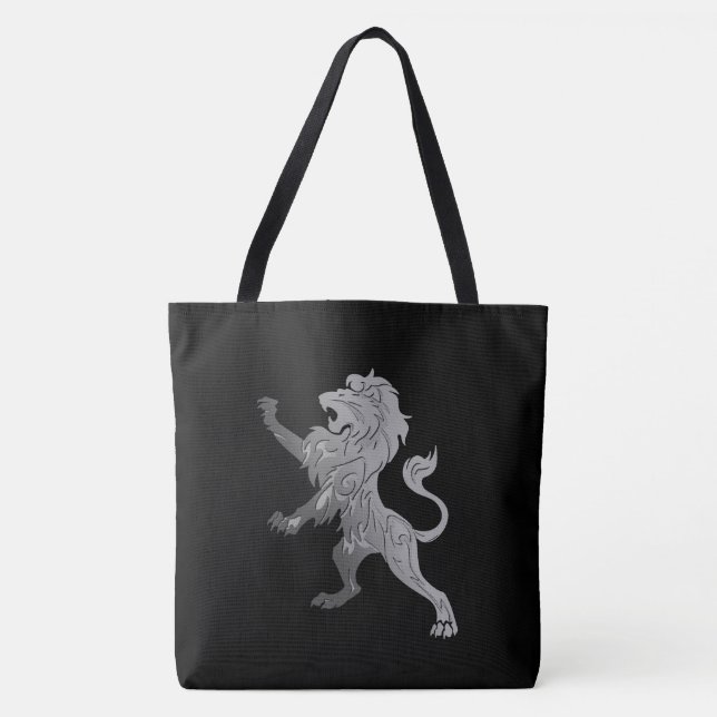 Bolsa Tote Leão Real Prateado sobre Preto (Frente)