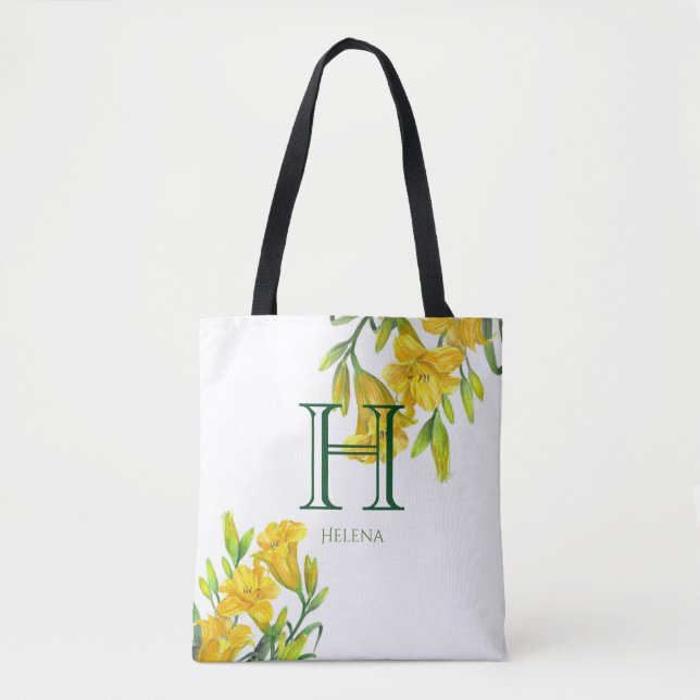 Bolsa Tote Leilão de Dia Amarelo de Aquarela Monograma Floral (Frente)