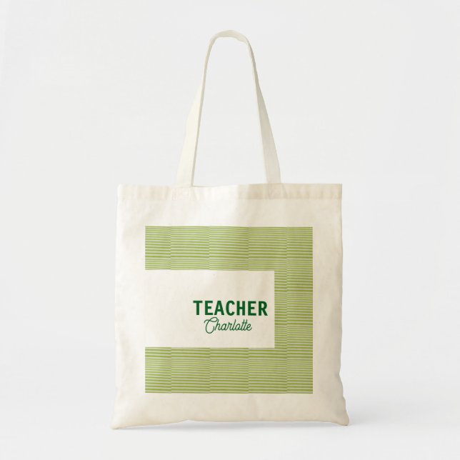 Bolsa Tote Lemon green white stripes teacher professor name c (Frente)