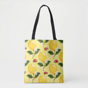 Bolsa Tote Lemon Ladybug: Padrão Amarelo Tropical.
