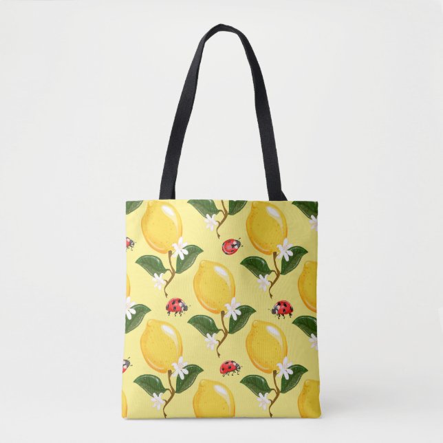 Bolsa Tote Lemon Ladybug: Padrão Amarelo Tropical. (Frente)