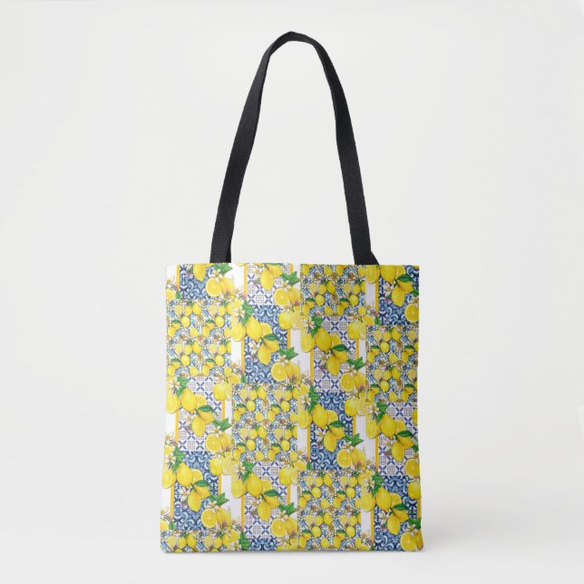 Bolsa Tote Lemon Português Azulejo Mediterrâneo Santorini (Frente)