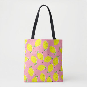 Bolsa Tote Lêmons caóticos cor-de-rosa Polka: Padrão Citrus