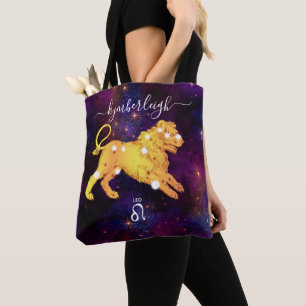 Bolsa Tote Leo Zodiac Sinal Monograma Cósmico Nome Dourado Pu