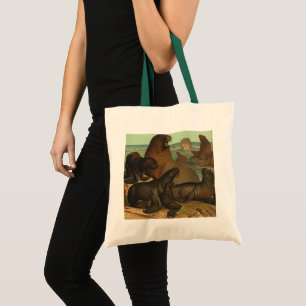 Bolsa Tote Leões de mar na praia, animal do vintage da vida