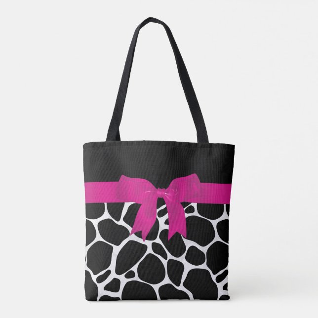 Bolsa Tote Leopardo Branco preto moderno - Imprimir Fita Rosa (Verso)