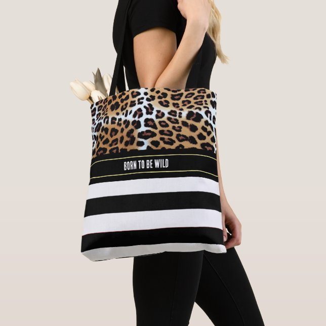 Bolsa Tote Leopardo Chic e Positividade em Stripes Brancas Ne (Close Up)