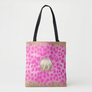 Bolsa Tote Leopardo Rosa Cheetah Impressão do Monograma da Li