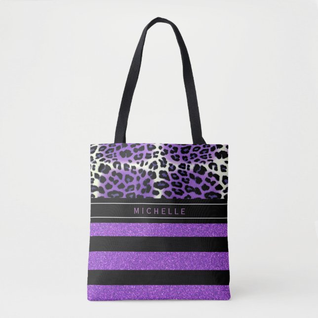 Bolsa Tote Leopardo roxo e riscas brilhantes roxas pretas (Frente)