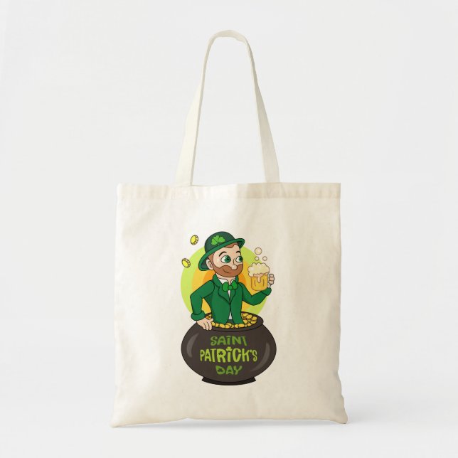 Bolsa Tote Leprecaína de desenho animado em pote de ouro segu (Frente)