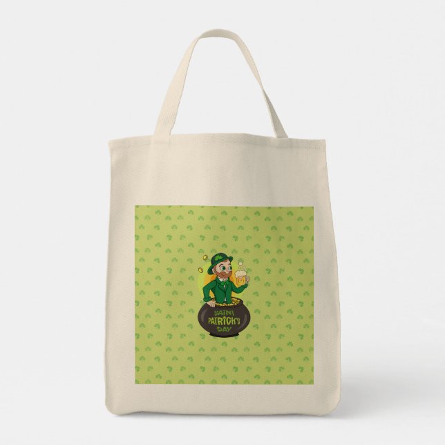 Bolsa Tote Leprecaína de desenho animado em pote de ouro segu (Verso)