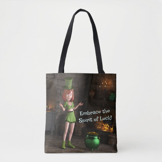 Bolsa Tote Leprechaun Toon Girl ao lado do Pote da Dourada (Frente)