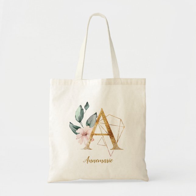Bolsa Tote Letra A Estilizada Floral Geométrica Dourada (Frente)