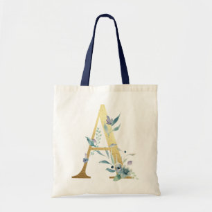 Bolsa Tote Letra A Monograma Dourada Flores Aquarela Azul