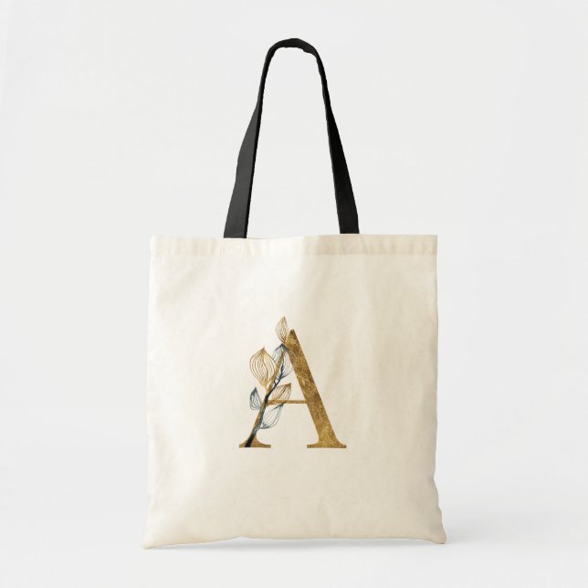 Bolsa Tote *~* Letra A Monograma Dourado Folhas Negras Inicia (Frente)