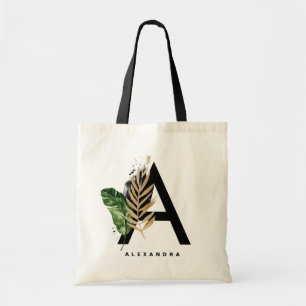 Bolsa Tote Letra A Monograma Folha de Ouro Tropical Personal