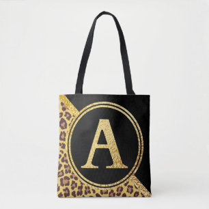Bolsa Tote Letra A Monograma Leopardo Imprimir Dourado e Pret