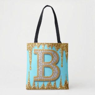 Bolsa Tote Letra B de Diamante de Luxo em Fundo de Brilho Dou