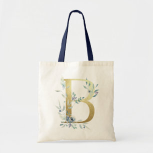 Bolsa Tote Letra B Monograma Dourada Flores Aquarela Azul