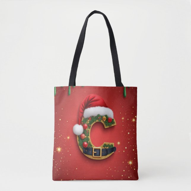 Bolsa Tote Letra C Com Decoração de Coroa de Natal 🎁 (Frente)