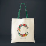 Bolsa Tote Letra C | Letra oral branca monograma I<br><div class="desc">Saco branco,  festivo e elegante monograma com letra floral,  monograma,  com flores em folhagem,  em vermelho,  verde,  ouro e cinza. Outras cores e letras estão disponíveis. Letra C</div>