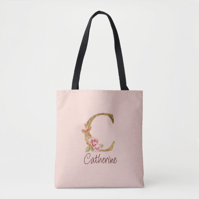 Bolsa Tote Letra C personalizada em folha de ouro rosa bege c (Frente)