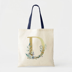 Bolsa Tote Letra D Monograma Dourada Flores Aquarela Azul