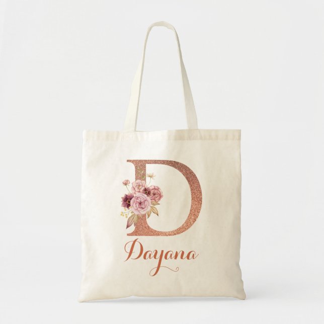 Bolsa Tote Letra D Rosa Bege Brilho Monograma Floral  (Frente)