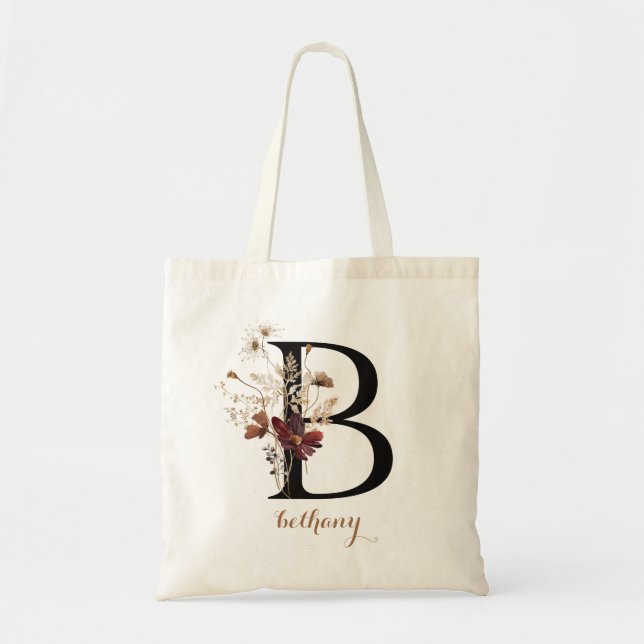 Bolsa Tote Letra de Monograma Personalizada Moderna Floral "B (Frente)