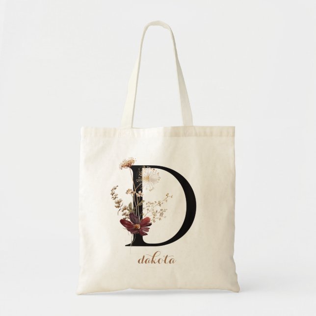 Bolsa Tote Letra de Monograma Personalizada Moderna Floral "D (Frente)