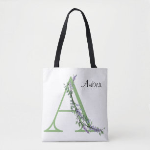 Bolsa Tote Letra do alfabeto A Lavanda Eucalipto aquarela