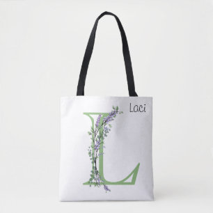 Bolsa Tote Letra do alfabeto L aquarela Lavanda Eucalipto