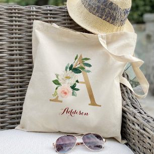 Bolsa Tote Letra Dourada A e Floral Blush Personalizado