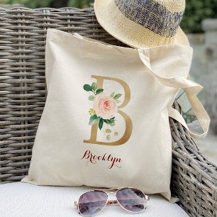 Bolsa Tote Letra Dourada B e Floral Blush Personalizado
