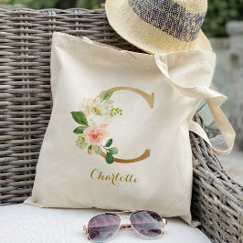 Bolsa Tote Letra Dourada C e Floral Blush Personalizado