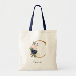 Bolsa Tote Letra Dourada C e Floral Blush Personalizado