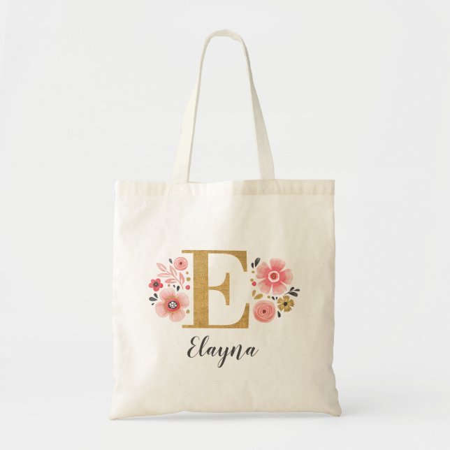 Bolsa Tote Letra Dourada cor-de-rosa monográfica "E" (Frente)