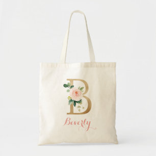 Bolsa Tote Letra Dourada Floral Blush Personalizada "B" Tote