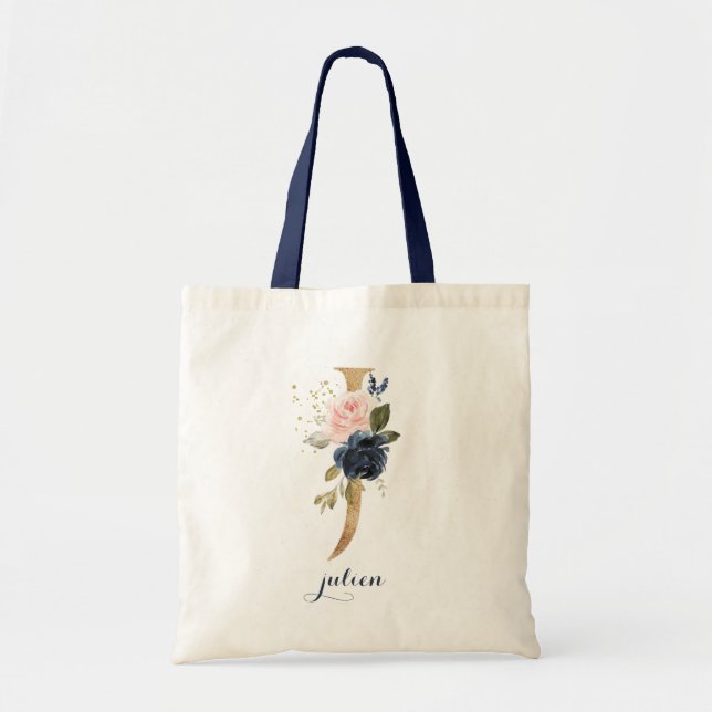 Bolsa Tote Letra Dourada J e Chic Floral Personalizado (Frente)