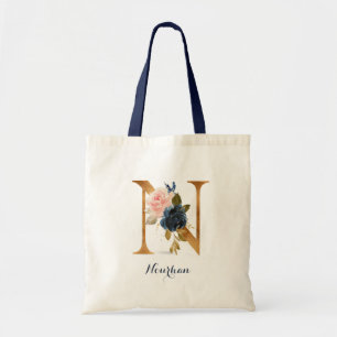 Bolsa Tote Letra Dourada N e Floral Blush Personalizado