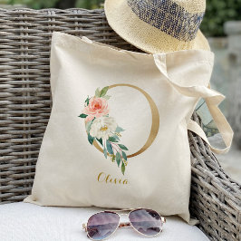 Bolsa Tote Letra Dourada O e Floral Blush Personalizado