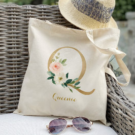 Bolsa Tote Letra Dourada Q e Floral Blush Personalizado