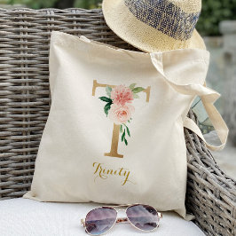 Bolsa Tote Letra Dourada T e Floral Blush Personalizado