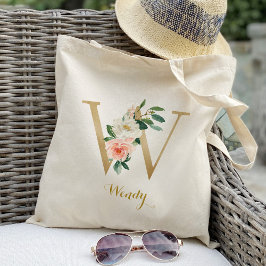 Bolsa Tote Letra Dourada W e Floral Blush Personalizado