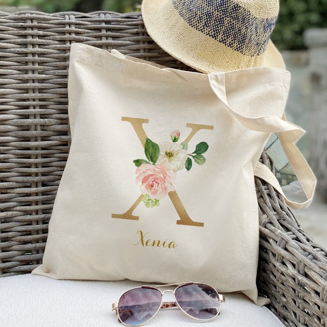 Bolsa Tote Letra Dourada X e Floral Blush Personalizado (Criador carregado)