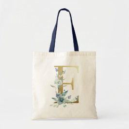 Bolsa Tote Letra E Monograma Dourada Flores Aquarela Azul