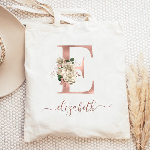 Bolsa Tote Letra E Monograma Floral Marfim em Dourado Rosa