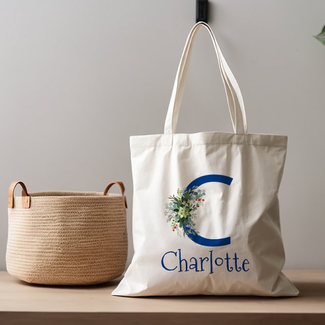 Bolsa Tote Letra elegante de cor aquosa azul branco (Criador carregado)