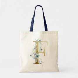 Bolsa Tote Letra F Monograma Dourada Flores Aquarela Azul